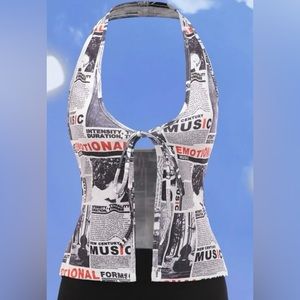 SHEIN ICON 90s Newspaper Print Knot Front Split Hem Halter Top & Skirt